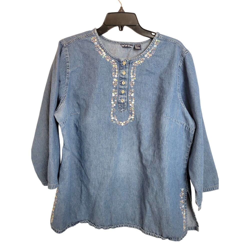 Vintage 80's Club Z Blue Denim Sequins Henley 3/4 Sleeve Faded Top Women's 1X